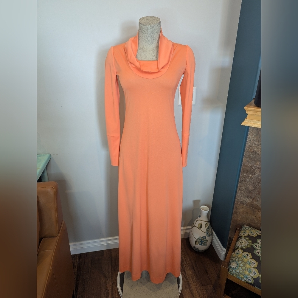 Vintage 1970s Coral Maxi Dress Bias Cut Cowl Neck Long Sleeve Retro Dress Size 6